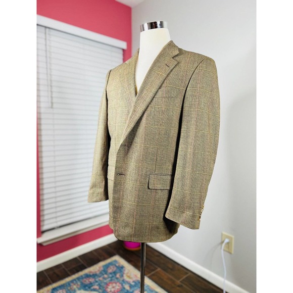 Hickey-Freeman tan plaid 100% wool blazer sport coat jacket 41R